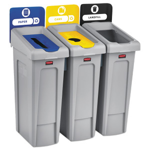 Rubbermaid Commercial Slim Jim Recycling Station Kit, 3-Stream Landfill/Paper/Bottles/Cans, 69 gal, Plastic, Blue/Gray/Yellow (RCP2007917) View Product Image