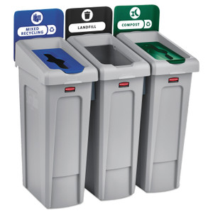 Rubbermaid Commercial Slim Jim Recycling Station Kit, 3-Stream Landfill/Mixed Recycling, 69 gal, Plastic, Blue/Gray/Green (RCP2007918) View Product Image