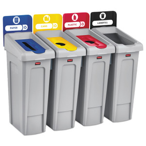 Rubbermaid Commercial Slim Jim Recycling Station Kit, 4-Stream Landfill/Paper/Plastic/Cans, 92 gal, Plastic, Blue/Gray/Red/Yellow (RCP2007919) View Product Image