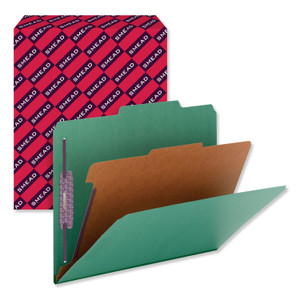 Smead Four-Section Pressboard Top Tab Classification Folders, Four SafeSHIELD Fasteners, 1 Divider, Letter Size, Green, 10/Box View Product Image