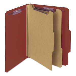 Smead Pressboard Classification Folders, Six SafeSHIELD Fasteners, 2/5-Cut Tabs, 2 Dividers, Letter Size, Red, 10/Box View Product Image