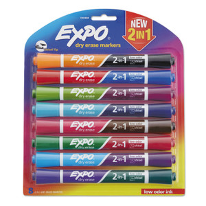 EXPO 2-in-1 Dry Erase Markers, Fine/Broad Chisel Tips, Assorted Colors, 8/Pack View Product Image