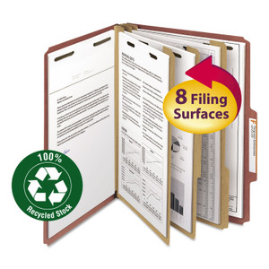 Smead Recycled Pressboard Classification Folders, 3" Expansion, 3 Dividers, 8 Fasteners, Letter Size, Red Exterior, 10/Box View Product Image