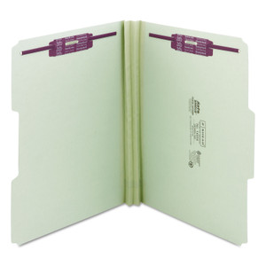 Smead Recycled Pressboard Fastener Folders, 1/3-Cut Tabs, Two SafeSHIELD Fasteners, 2" Expansion, Letter Size, Gray-Green, 25/Box View Product Image