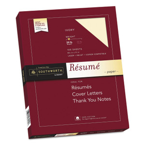 Southworth 100% Cotton Resume Paper, 24 lb Bond Weight, 8.5 x 11, Ivory, 100/Pack (SOUR14ICF) View Product Image