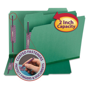 Smead Colored Pressboard Fastener Folders with SafeSHIELD Coated Fasteners, 2" Expansion, 2 Fasteners, Letter Size, Green, 25/Box (SMD14938) View Product Image
