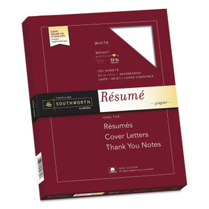 Southworth 100% Cotton Resume Paper, 95 Bright, 32 lb Bond Weight, 8.5 x 11, White, 100/Pack (SOURD18CF) View Product Image