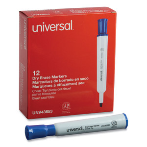 Universal Dry Erase Marker, Broad Chisel Tip, Blue, Dozen (UNV43653) View Product Image