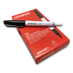Universal Pen Style Dry Erase Marker, Fine Bullet Tip, Black, Dozen (UNV43671) View Product Image