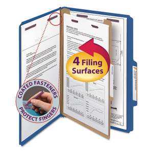 Smead Four-Section Pressboard Top Tab Classification Folders, Four SafeSHIELD Fasteners, 1 Divider, Legal Size, Dark Blue, 10/Box View Product Image