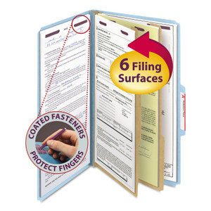 Smead Six-Section Pressboard Top Tab Classification Folders, Six SafeSHIELD Fasteners, 2 Dividers, Legal Size, Blue, 10/Box View Product Image