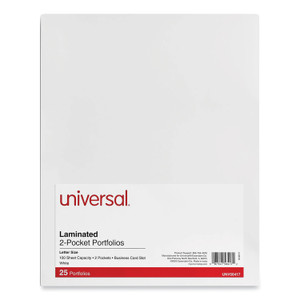 Universal Laminated Two-Pocket Portfolios, Cardboard Paper, 100-Sheet Capacity, 11 x 8.5, White, 25/Box (UNV56417) View Product Image