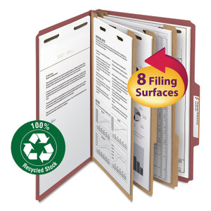 Smead Recycled Pressboard Classification Folders, 3" Expansion, 3 Dividers, 8 Fasteners, Legal Size, Red Exterior, 10/Box View Product Image