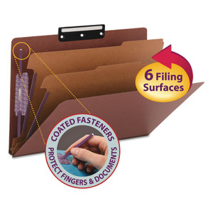 Smead Pressboard Classification Folders, Six SafeSHIELD Fasteners, 1/3-Cut Tabs, 2 Dividers, Legal Size, Red, 10/Box View Product Image