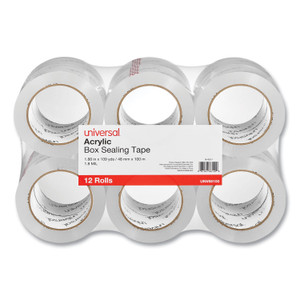 Universal Deluxe General-Purpose Acrylic Box Sealing Tape, 3" Core, 1.88" x 109 yds, Clear, 12/Pack (UNV66100) View Product Image