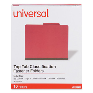 Universal Bright Colored Pressboard Classification Folders, 2" Expansion, 1 Divider, 4 Fasteners, Letter Size, Ruby Red, 10/Box (UNV10203) View Product Image