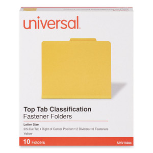 Universal Bright Colored Pressboard Classification Folders, 2" Expansion, 2 Dividers, 6 Fasteners, Letter Size, Yellow Exterior, 10/Box (UNV10304) View Product Image