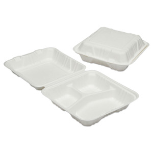 AbilityOne 7350016646909, SKILCRAFT Clamshell Hinged Lid ToGo Food Containers, 3 Compartment, 9 x 9 x 3, White, Paper, 200/Box (NSN6646909) View Product Image