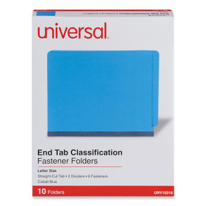 Universal Deluxe Six-Section Pressboard End Tab Classification Folders, 2 Dividers, 6 Fasteners, Letter Size, Cobalt Blue, 10/Box View Product Image