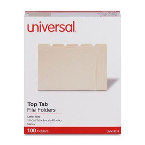 Universal Top Tab File Folders, 1/5-Cut Tabs: Assorted, Letter Size, 0.75" Expansion, Manila, 100/Box (UNV12115) View Product Image