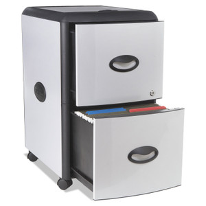 Storex Mobile Filing Cabinet with Metal Siding and Top-Drawer Organizer Tray, 2 Letter File Drawers, Silver/Black, 19" x 15" x 23" View Product Image