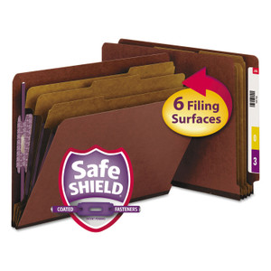 Smead End Tab Pressboard Classification Folders, Eight SafeSHIELD Fasteners, 3" Expansion, 3 Dividers, Letter Size, Red, 10/Box View Product Image