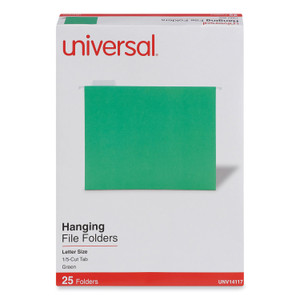 Universal Deluxe Bright Color Hanging File Folders, Letter Size, 1/5-Cut Tabs, Bright Green, 25/Box (UNV14117) View Product Image