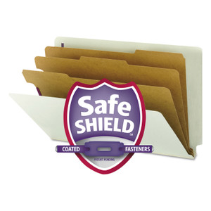 Smead End Tab Pressboard Classification Folders, Eight SafeSHIELD Fasteners, 3" Expansion, 3 Dividers, Legal Size, Gray-Green,10/BX View Product Image