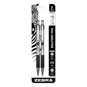 Zebra F-301 Ballpoint Pen, Retractable, Fine 0.7 mm, Black Ink, Stainless Steel/Black Barrel, 2/Pack (ZEB27112) View Product Image