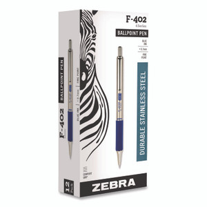 Zebra F-402 Ballpoint Pen, Retractable, Fine 0.7 mm, Blue Ink, Stainless Steel/Blue Barrel View Product Image