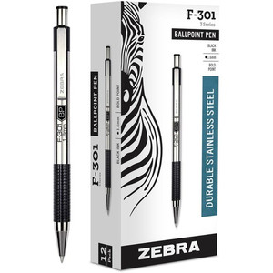 Zebra STEEL 3 Series F-301 Retractable Ballpoint Pen - 1.6 mm Bold Pen Point - Refillable - Retractable - Black Ink - Stainless Steel Barrel Product Image 