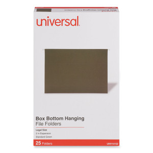 Universal Box Bottom Hanging File Folders, 2" Capacity, Legal Size, 1/5-Cut Tabs, Standard Green, 25/Box (UNV14152) View Product Image