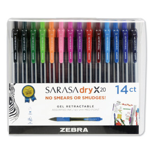 Zebra Sarasa Dry Gel X20 Gel Pen, Retractable, Medium 0.7 mm, Assorted Ink and Barrel Colors, 14/Pack (ZEB46824) View Product Image
