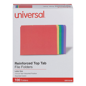 Universal Reinforced Top-Tab File Folders, 1/3-Cut Tabs: Assorted, Letter Size, 1" Expansion, Assorted Colors, 100/Box (UNV16166) View Product Image