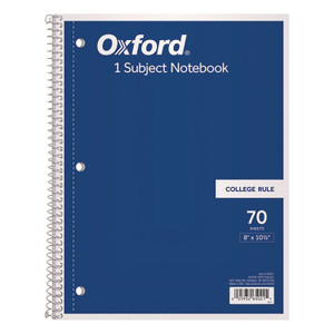 Oxford Coil-Lock Wirebound Notebook, 3-Hole Punch, Medium/College Rule, Randomly Assorted Cover Color, (70) 10.5 x 8 Sheets TOP65021 View Product Image