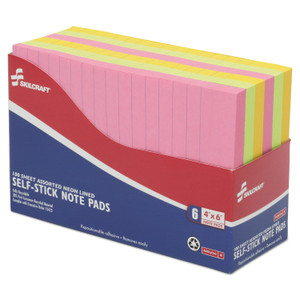 AbilityOne 7530014181212, SKILCRAFT Self-Stick Note Pads, Note Ruled, 4" x 6", Assorted Neon Colors, 100 Sheets/Pad, 6 Pads/Pack View Product Image