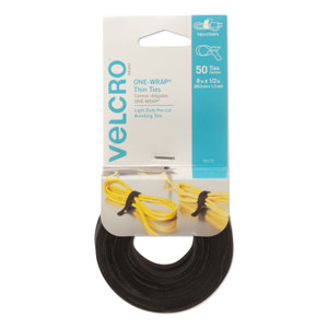 VELCRO Brand ONE-WRAP Pre-Cut Thin Ties, 0.5" x 8", Black, 50/Pack View Product Image