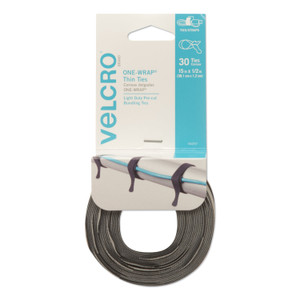 VELCRO Brand ONE-WRAP Pre-Cut Thin Ties, 0.5" x 15", Black/Gray, 30/Pack View Product Image