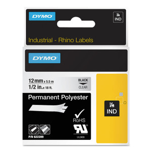 DYMO Rhino Permanent Vinyl Industrial Label Tape, 0.5" x 18 ft, Clear/Black Print View Product Image