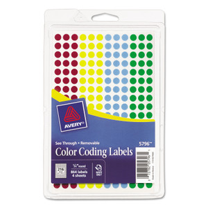 Avery Handwrite-Only Self-Adhesive "See Through" Removable Round Color Dots, 0.25" dia, Assorted, 216/Sheet, 4 Sheets/Pack, (5796) View Product Image