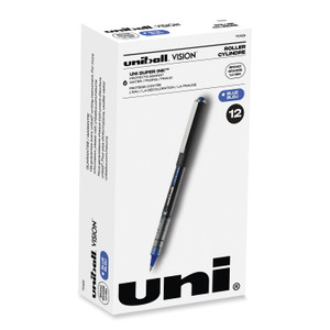 uniball VISION Roller Ball Pen, Stick, Bold 1 mm, Blue Ink, Black/Blue/Clear Barrel, Dozen (UBC70129) View Product Image