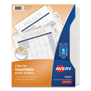 Avery Insertable Big Tab Plastic Dividers, 5-Tab, 11 x 8.5, Clear, 1 Set (AVE11835) View Product Image