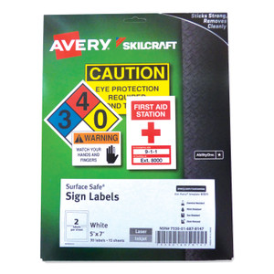 AbilityOne 7530016878147, SKILCRAFT AVERY Surface Safe Sign Labels, 5 x 7, White, 2/Sheet, 15 Sheets/Box, 12 Boxes/Box View Product Image