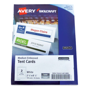 AbilityOne 7530016878806 SKILCRAFT/AVERY Tent Cards, White, 2.5 x 8.5, 2 Cards/Sheet, 50 Sheets/Pack (NSN6878806) View Product Image