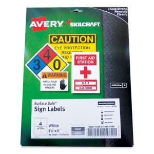 AbilityOne 7530016875089 SKILCRAFT/AVERY Surface Safe Sign Labels, 3.5 x 5, White, 4/Sheet, 15 Sheets/Box, 12 Boxes/Carton (NSN6875089) View Product Image