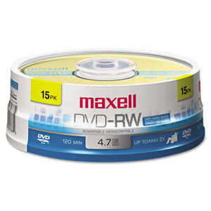 Maxell DVD-RW Rewritable Disc, 4.7 GB, 2x, Spindle, Gold, 15/Pack (MAX635117) View Product Image