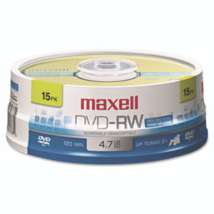 Maxell DVD-RW Rewritable Disc, 4.7 GB, 2x, Spindle, Gold, 15/Pack View Product Image