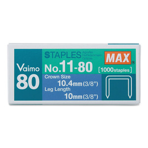 MAX Vaimo 11 Staples, 0.38" Leg, 0.5" Crown, Steel, 1,000/Box (MXBNO1180) View Product Image