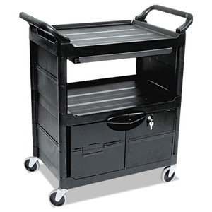 Rubbermaid Commercial Utility Cart with Locking Doors, Plastic, 3 Shelves, 200 lb Capacity, 33.63" x 18.63" x 37.75", Black (RCP345700BLA) View Product Image