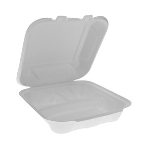 Pactiv Evergreen EarthChoice Bagasse Hinged Lid Container, 3 Compartments, Dual Tab Lock, 7.8 x 7.8 x 2.8, Natural, Sugarcane, 150/Carton View Product Image